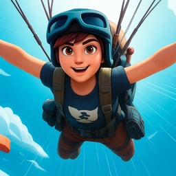 A cartoon character in a blue helmet and green backpack flying through the air.